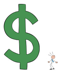 Stickman businessman is frightened and confused by the very, very large dollar symbol, hand drawn outline cartoon vector illustration