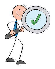 Stickman businessman examining and confirming with magnifying glass, hand drawn outline cartoon vector illustration