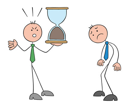 Frustrated stickman boss holding finished hourglass and shouting at employee, stickman employee is very upset, deadline is over and the task could not be completed