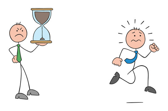 Angry evil stickman boss holding hourglass and stickman employee running to complete project before deadline