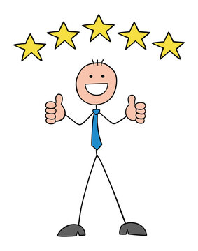 Stickman businessman gives 5 stars to the service or product he receives as a customer and shows thumbs up, hand drawn cartoon vector illustration