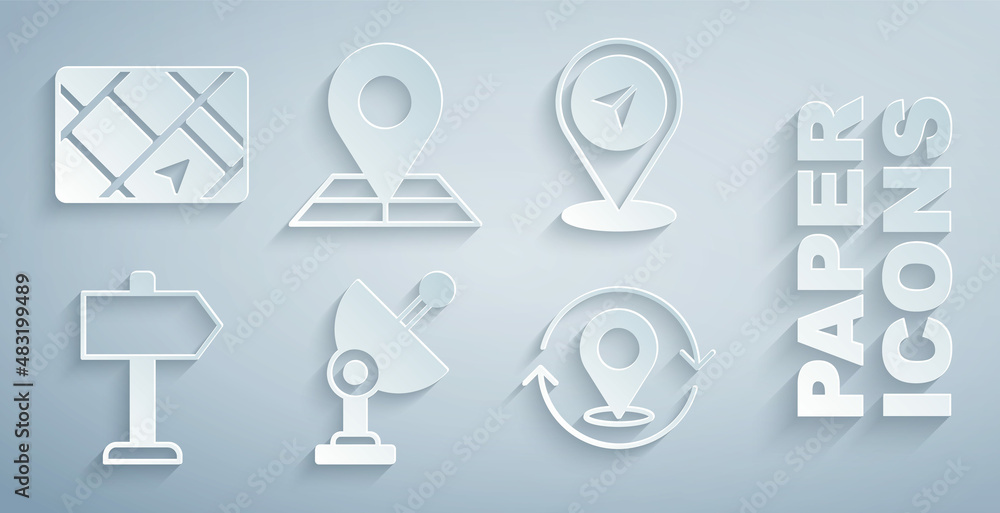 Poster set radar, map pin, road traffic sign, folded map with location marker and gps device icon. vector