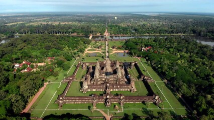 Aerial view of the ancient ruins of Angkor Wat temple, near Siem Reap, Cambodia. 