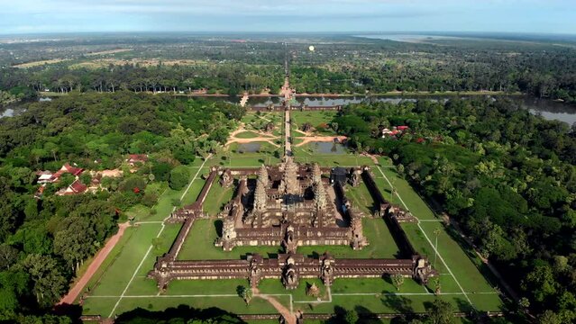 Aerial view of the ancient ruins of Angkor Wat temple, near Siem Reap, Cambodia. 