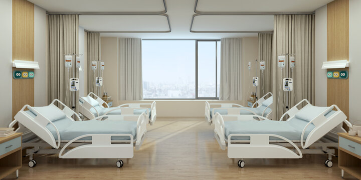 Hospital recovery room with beds and chairs.3d rendering