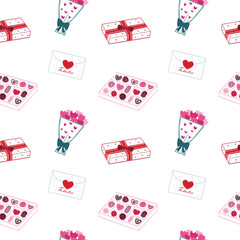 Valentines day hand drawn seamless pattern, romantic repeat texture