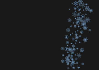 Snowflake border for Christmas and New Year celebration. Holiday snowflake border on black background  with sparkles. For banners, gift coupons, vouchers, ads, party events. Horizontal frosty snow.