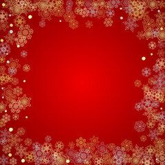 Christmas snow on red background. Glitter frame for seasonal winter banners, gift coupon, voucher, ads, party event. Santa Claus colors with golden Christmas snow. Falling snowflakes for holiday