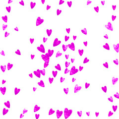 Valentines day heart with pink glitter sparkles. February 14th day. Vector confetti for valentines day heart template. Grunge hand drawn texture. Love theme for gift coupons, vouchers, ads, events.