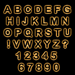 Vector set of capital letters of the Latin alphabet, exclamation and question marks and numbers: 1, 2, 3, 4, 5, 6, 7, 8, 9, 0. Golden neon isolated elements on a black background.