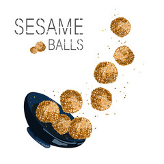 Onde-onde.Sesame balls of glutinous flour falling into a bowl.Traditional Indonesian cuisine.Asian desserts drawn in cartoon realistic style on a white background.Vector food illustration