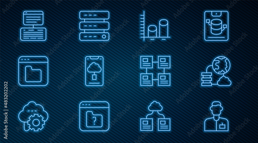 Poster set line analyst engineer, network cloud connection, data analysis, cloud technology data transfer, 