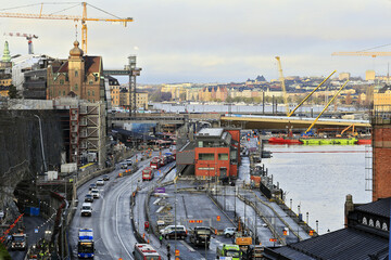 Stockholm Sodermalm canal aerial view at sunrise, Stockholm, Sweden