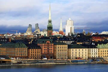 Fototapeta premium Stockholm old town waterfront panorama at sunset, Stockholm. Sweden