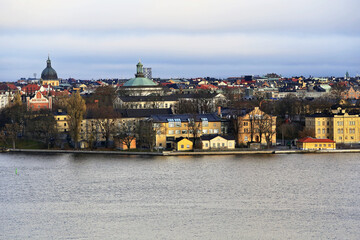 Stockholm Djurgarden canal aerial view at sunrise, Stockholm, Sweden