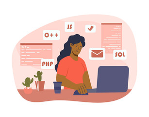 Young programmer at work. Freelancer at home, comfortable workplace. Modern technologies and remote employee. Specialist writes code, develops app or website. Cartoon flat vector illustration