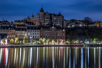 Fototapeta na wymiar Stockholm night skyline canal cityscape, Ormsaltaren. Stockholm Sweden