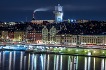 Stockholm night skyline canal cityscape, Mariaberget. Stockholm Sweden