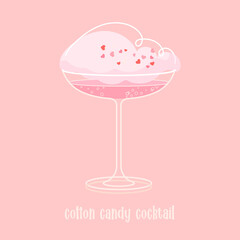 Pink cocktail with cotton candy isolated on pink background. Sparks of cocktail. Valentines day Cocktail Martini Glass. Mid-Century Modern style