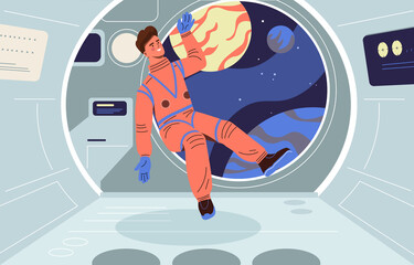 Astronaut in space. Man in rocket in zero gravity. Young attractive guy. Exploration of other galaxies, adventures and travel. Unexplored, modern technologies. Cartoon flat vector illustration