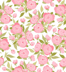 Pink peonies with green leaves vector seamless pattern on the white background. Romantic garden flowers illustration. Faded colors. For Valentine's Day, Mother's Day, textiles, wallpapers, banners