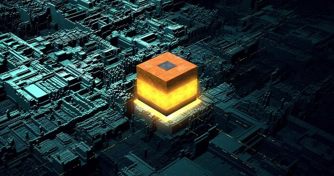 System Core Activated By Encrypted Key. Data Mining 3D Animation. Technology And Science 4K Concept.