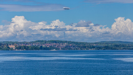 Zeppelin and boat at lake constance, Bodensee