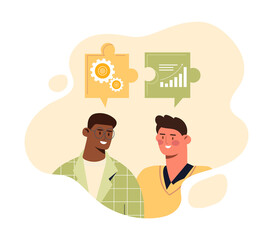 Business people concept. Two young men exchange ideas. Friendly and lovable characters. Meeting of partners, investor and businessman, start up entrepreneurs. Cartoon flat vector illustration