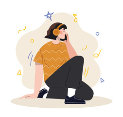 Girl listens to music. Woman sitting in headphones, rest and recovery. Music lover at work, looking for inspiration, audio. Teenager, schoolgirl and student. Cartoon flat vector illustration