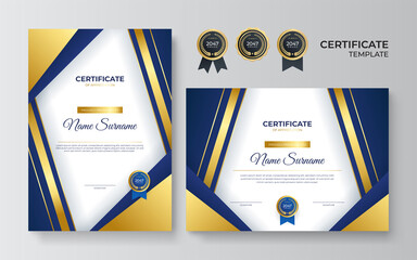 Modern blue certificate template and border, for award, diploma, and printing. Professional golden blue certificate design template