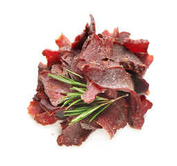 Spicy beef jerky on white background