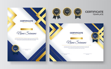 Modern blue certificate template and border, for award, diploma, and printing. Red and gold elegant certificate of achievement template with gold badge and border