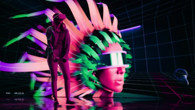 Digital Artist Using VR Software to Create a 3D Piece of Art: Designing a Stylish Futuristic Portrait in Interactive Environment on a Big Digital Screen. Female Designer Using Headset and Controllers.