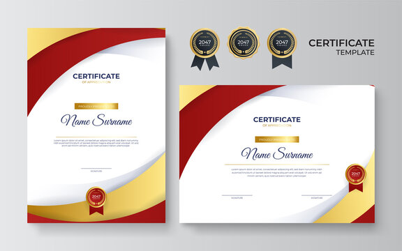 Modern red certificate template and border, for award, diploma, and printing. Red and gold elegant certificate of achievement template with gold badge and border