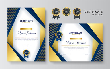 Modern blue certificate template and border, for award, diploma, and printing. Blue and gold elegant certificate of achievement template with gold badge and border