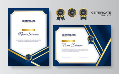 Modern blue certificate template and border, for award, diploma, and printing. Blue and gold elegant certificate of achievement template with gold badge and border