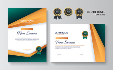Modern green certificate template and border, for award, diploma, and printing. Blue and gold elegant certificate of achievement template with gold badge and border