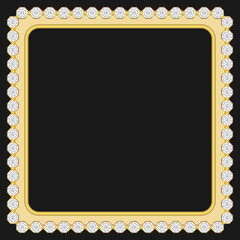 Square gold frame adorned with diamonds. Black background. Vector illustration