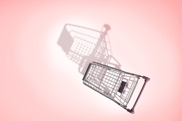 Empty shopping cart on pink pastel background