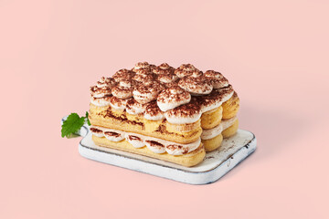 Tiramisu on pink pastel background