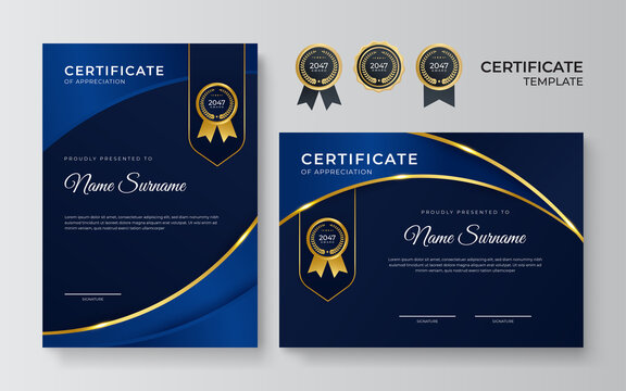 Blue and gold certificate of achievement border template with luxury badge and modern line pattern. For award, business, award, achievement and education needs