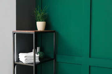 Shelf unit with towels and houseplant near color wall, closeup
