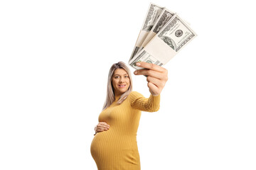 Pregnant woman holding money in front of camera