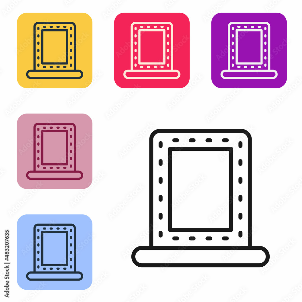 Poster black line makeup mirror with lights icon isolated on white background. set icons in color square bu