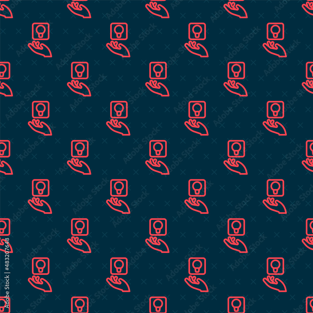 Poster red line light bulb with concept of idea icon isolated seamless pattern on black background. energy 