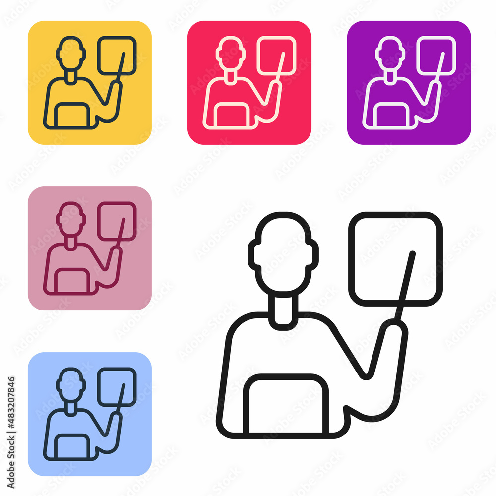 Poster black line teacher icon isolated on white background. set icons in color square buttons. vector