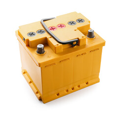 Modern car battery on white background
