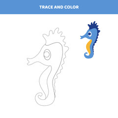 Trace and color a cartoon sea ​​Horse.