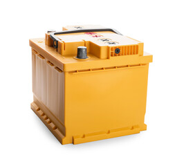 Modern car battery on white background