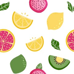 Seamless pattern with citrus fruits. Tropical background with fresh fruits  slices for textile, fabrics, socks, wrapping paper, packaging, apparel. Grapefruit, lemon, lime, kiwi, dragon fruit 